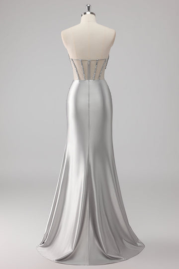 Grey Strapless Satin Mermaid Beaded Long Prom Dress with Slit